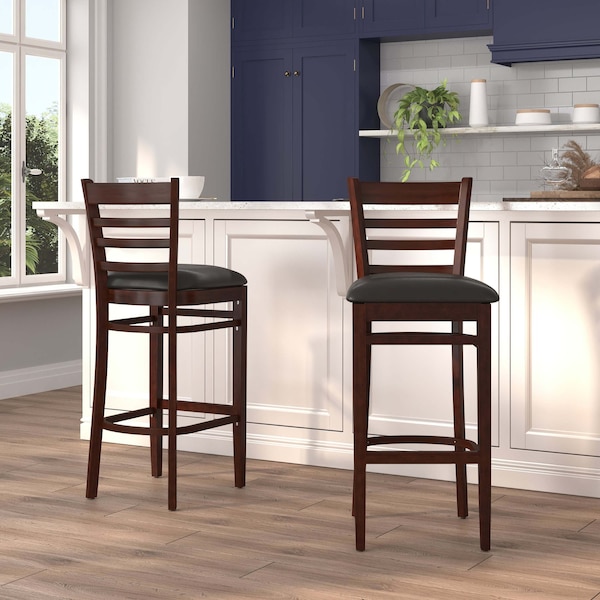 Flash Furniture Ladder Back Mahogany Wood Restaurant Barstool, Black Vinyl Seat, PK2 2-XU-DGW0005BARLAD-MAH-BLKV-GG - main